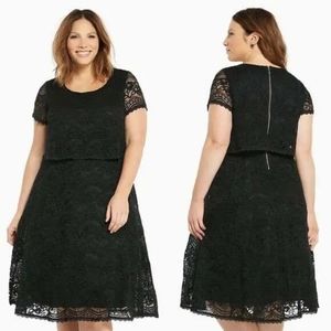 Black Lace Popover Fit & Flare Shirt Sleeve Zip Midi Dress